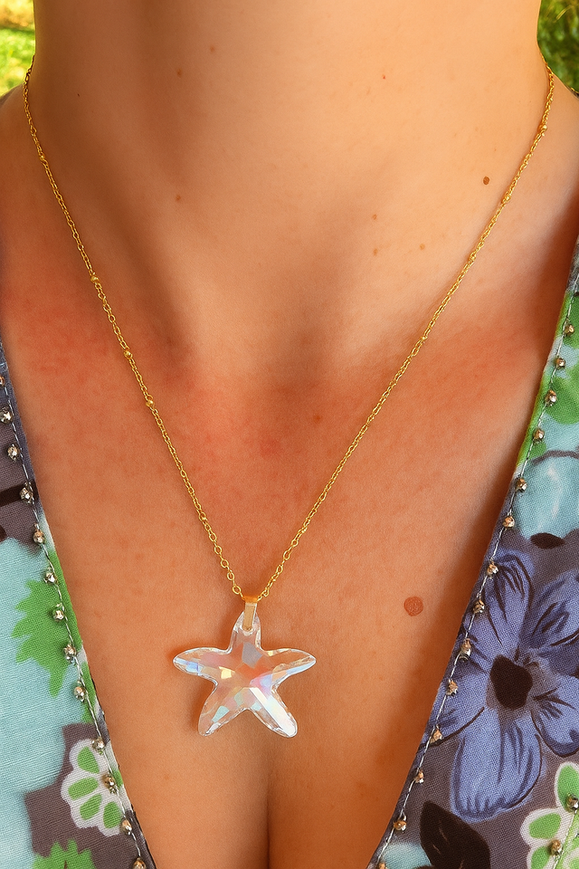 Shiny Star, catena in argento 925 placcato oro 24k , con pendente a morsetto in argento e stella Swarovski gigante colore brillante !