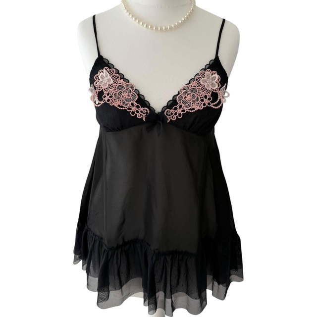 Japanese brand coquette black pink floral lace embroidered cups cami