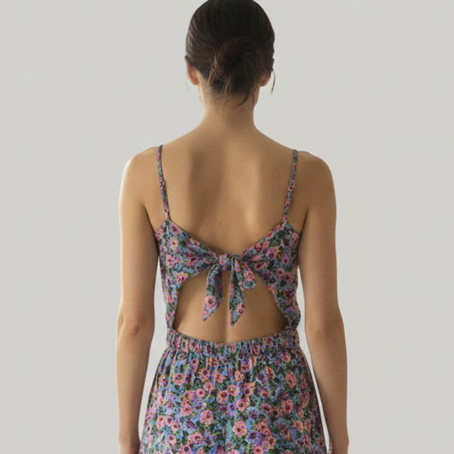 Combinaison Fleurie Emma Ella - Pantalon Droit et Dos Nu Noué - 100% Polyester