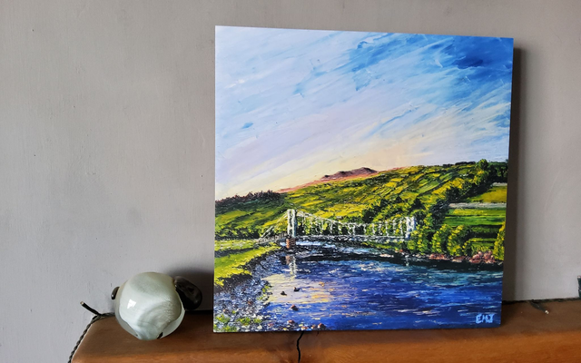 Art print of Reeth Suspension bridge on 30x 30cm MDF. 