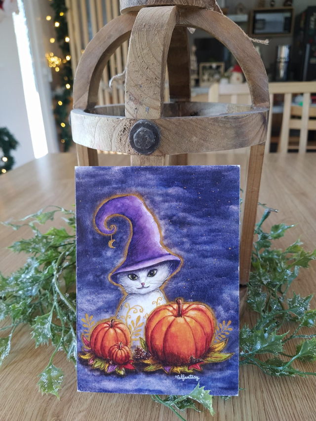 Carte "Chat citrouille", 10 x 15 cm