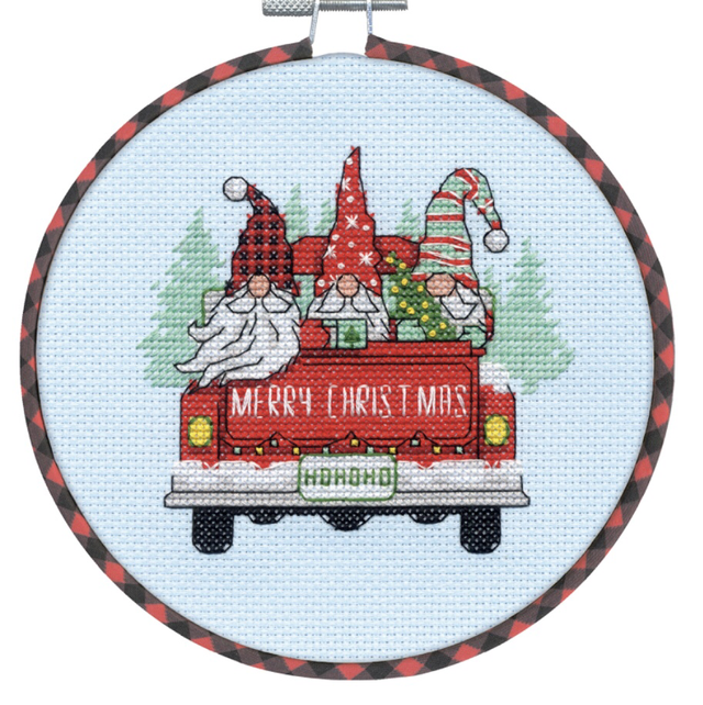Counted Cross Stitch Kit: Red Truck Gnomes by Dimensions 