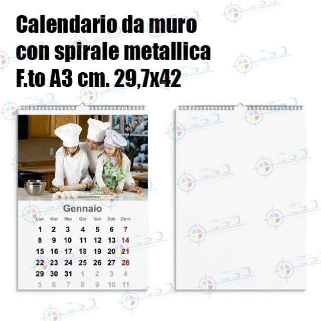 Calendari A3 pronti in sei giorni: spirale, da parete, 170 gr. stampa completamente personalizzata su tutta la superficie cm. 29,7x42 (prezzo con IVA)