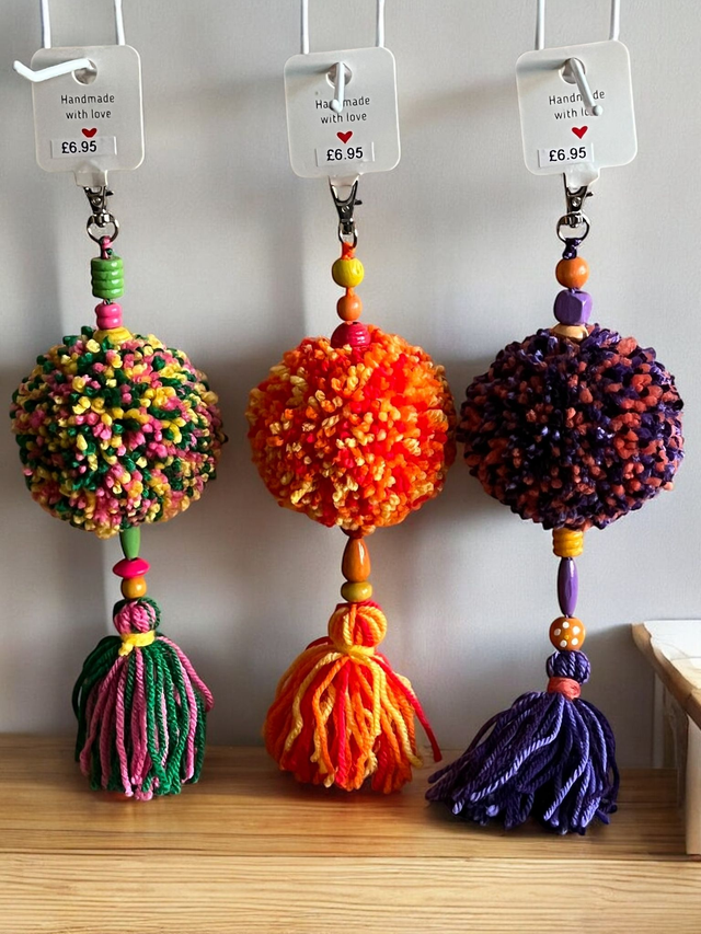 Large Pom &amp; wooden bead - Bag charm/keyring