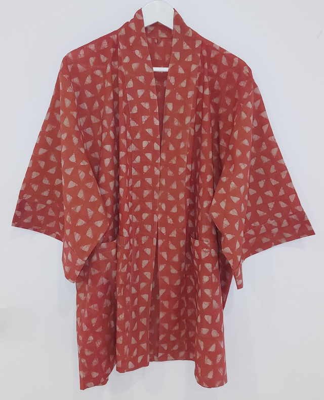 Gilet kimono orange en coton, teinture naturelle, imprimé à la main, artisanale 