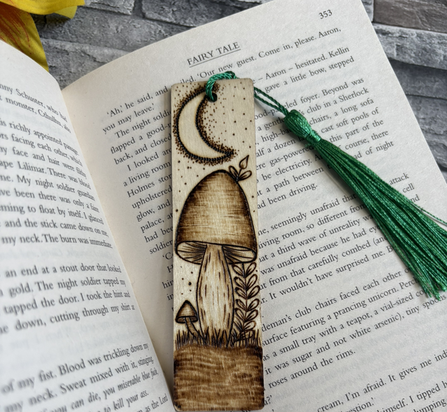 Mushroom and crescent moon bookmark. Pyrography. Handburnt. 