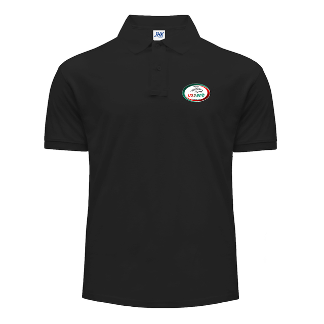 Polo noir - Maille piquée. Plaquette 2 boutons ton sur ton. Col et bas de manches en côte 1x1. Fentes latérales.