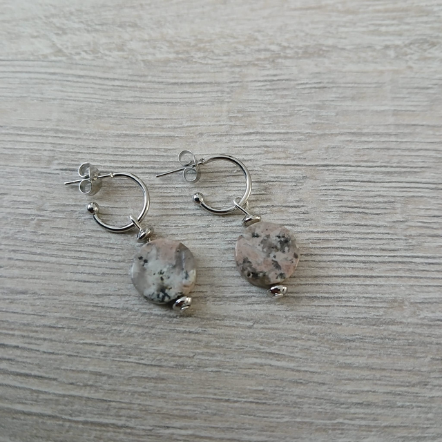 Oorbellen – Graniet hanger aan creool – zilverkleurig RVS (1.291)
