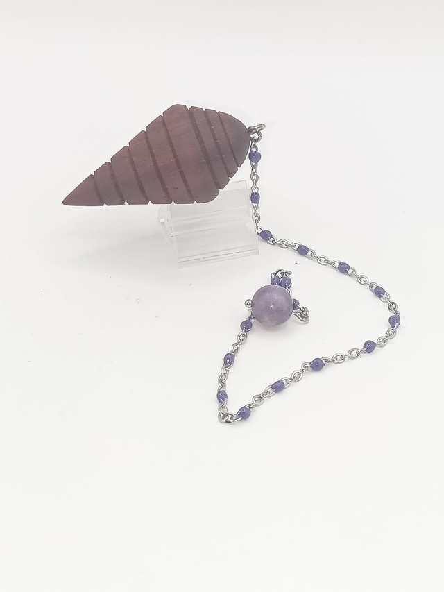 Pendule Padouk, Lépidolite, Acier Inoxydable &amp; perles époxy violettes