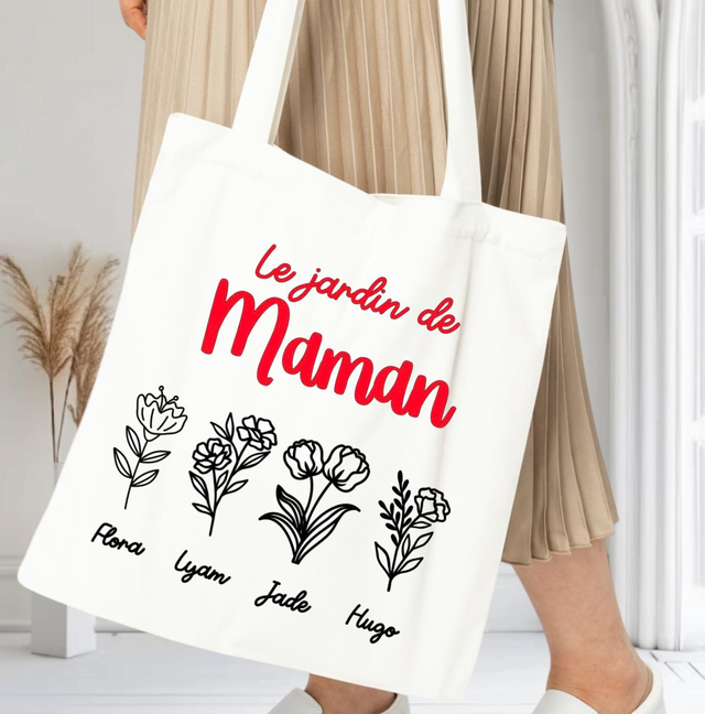 Tote Bag "Le jardin de maman" – Personnalisé avec les prénoms et fleurs