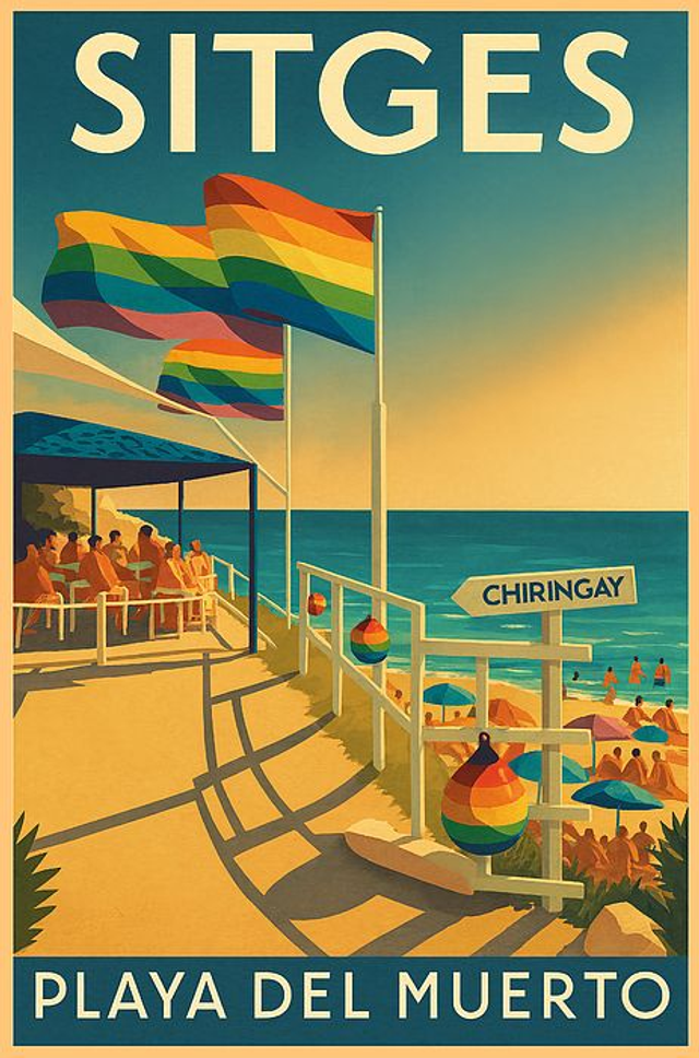 Sitges Playa del Muerto Chiringay Banderas Arcoíris - Cartel de Viaje Retro Playa Gay