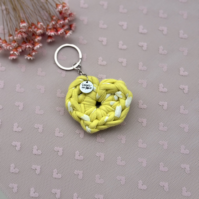 Porte-clés cœur jaune en coton recyclé