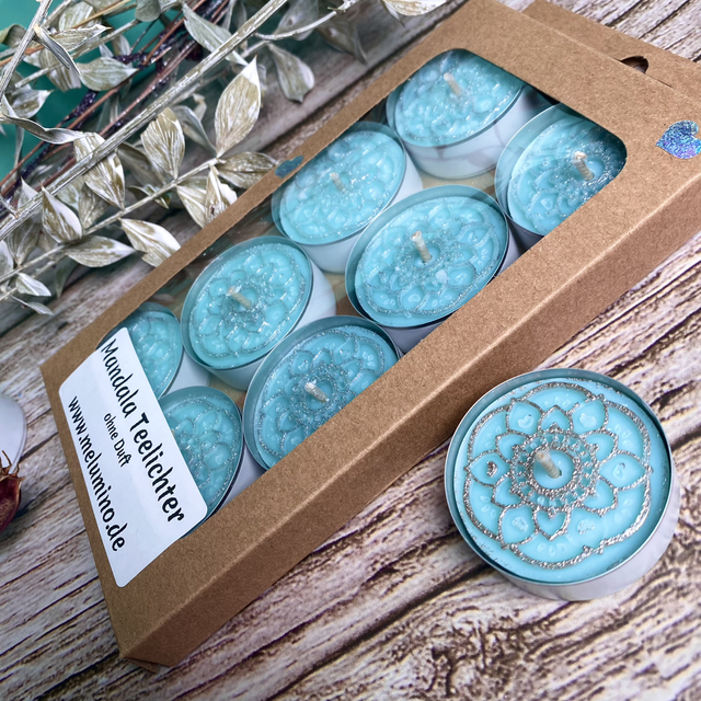 8er Set Mandala Teelichter blau ohne Duft Geschenkbox