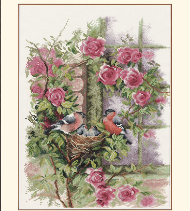 Nesting Birds in Rambler Rose counted cross stitch kit by Lanarte