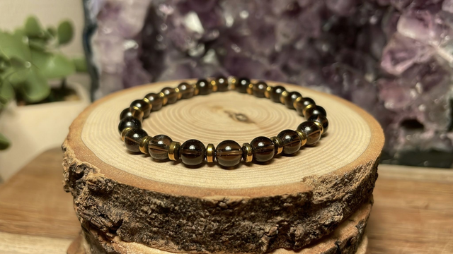 Bracelet QUARTZ FUME 6mm (Avec hématites)