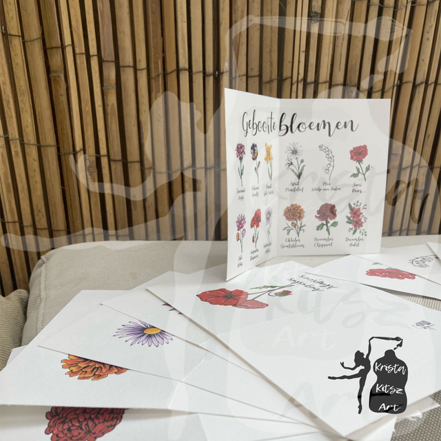 Geboortebloemen Ansichtkaarten Set van 12  in kleur NL of EN, inclusief enveloppen, van originele tekeningen, met of zonder tekst 