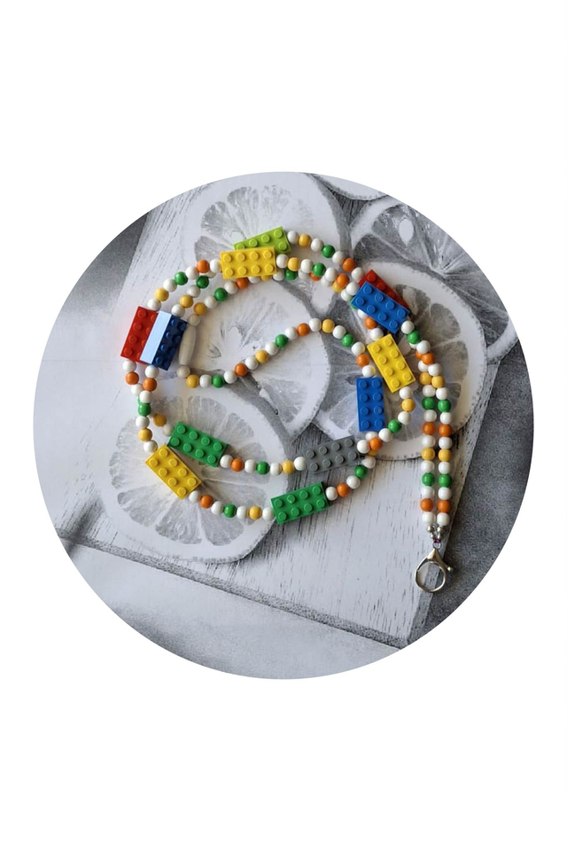 Over the shoulder beads & bricks lanyard White/orange/green/yellow
