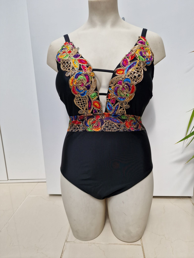 Maillot De Bain Noir Broderie Multicolore Décolleté Sexy Taille 48