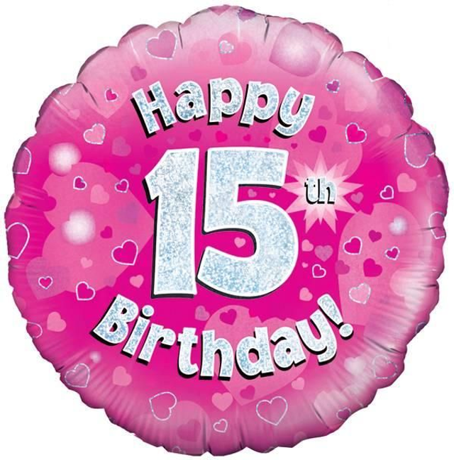 18" HAPPY 15TH BIRTHDAY PINK HOLOGRAPHIC FOIL