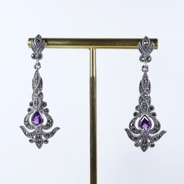 Art Nouveau Style Sterling Silver 925 Pear Cut Purple Amethyst Marcasite Gemstone February Birthstone Ornate Arrow Design Drop Earrings
