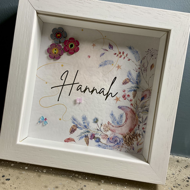 Personalised Christmas frame. Buttons frame with custom name.