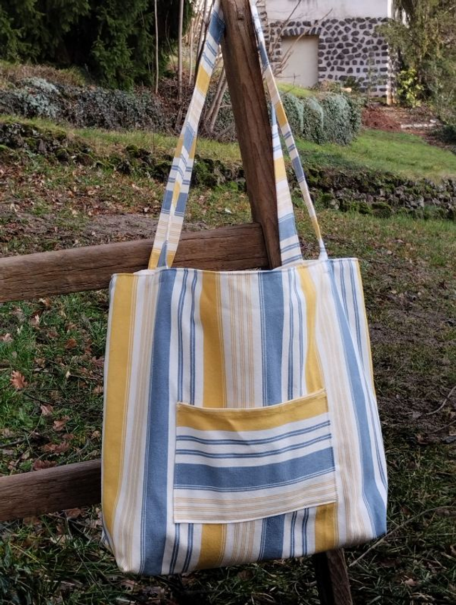  Sac cabas robuste toile bayadère jaune et bleu esprit marin doublure