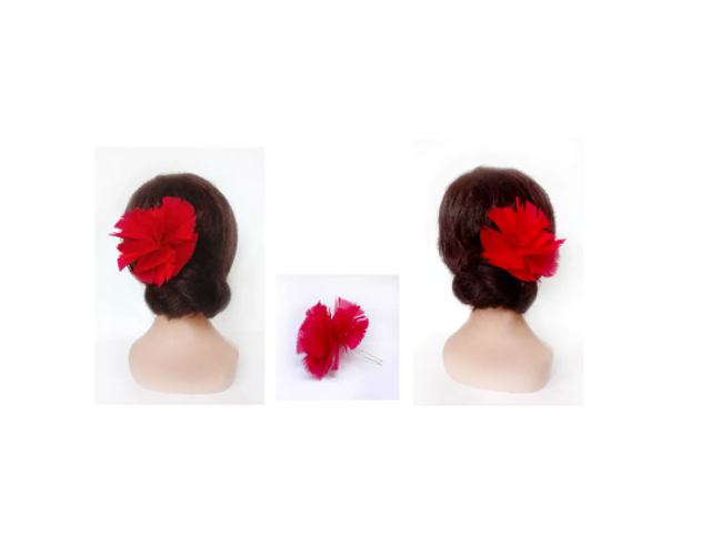 Épingle cheveux fleur plume rouge