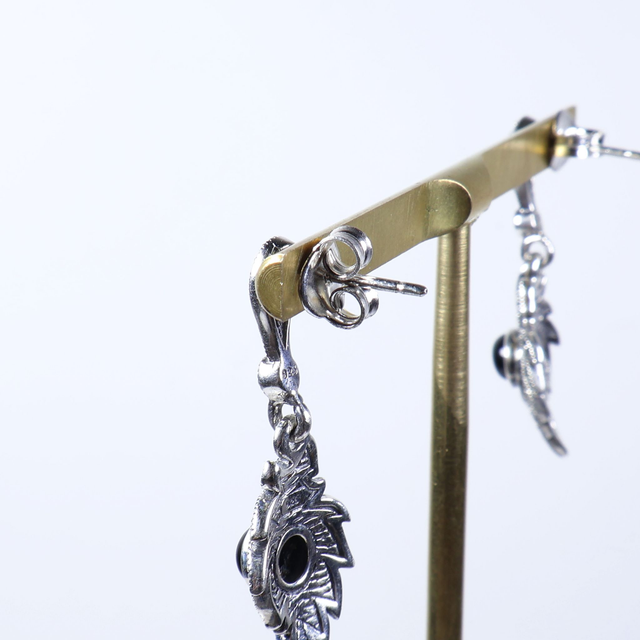 Sterling Silver 925 Art Deco Style Round Cabochon Cut Black Onyx Marcasite Gemstone Feather Design Drop Dangle Earrings