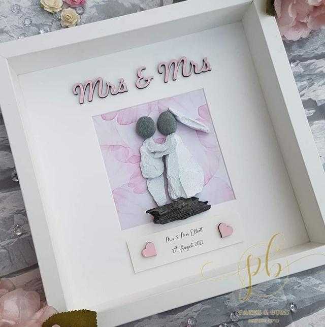 Mrs &amp; Mrs personalised wedding pebble picture 