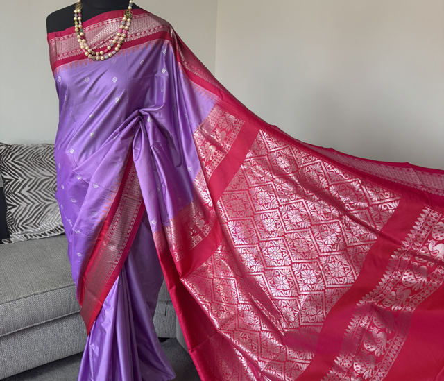Soft Lavender Semi-Kanchi Saree with Rich Pink Zari Border & Grand Pallu