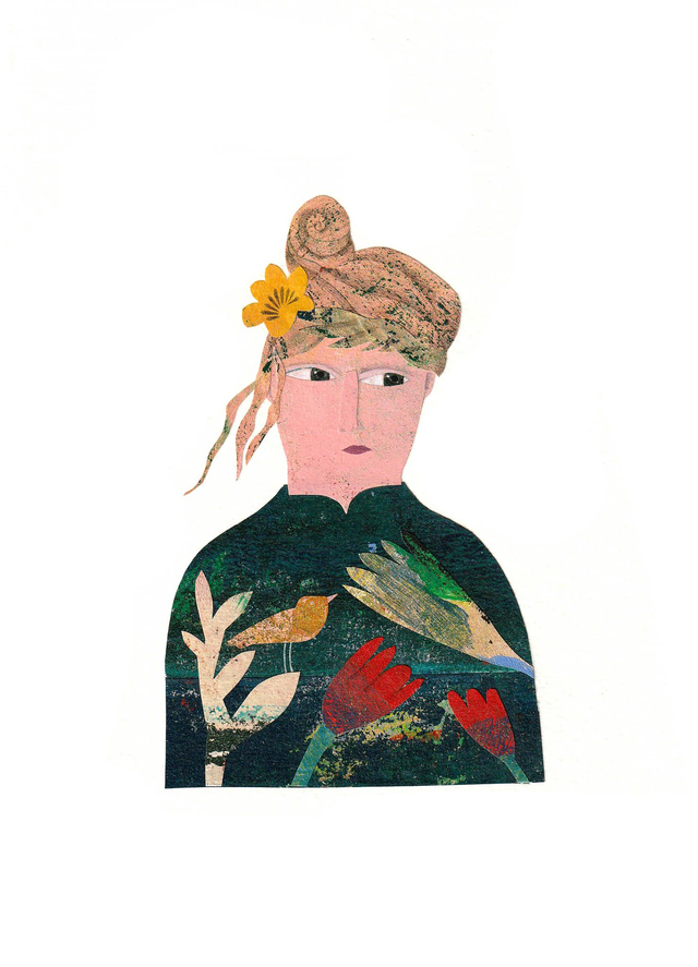 Fille à la blouse oiseau et fleurs