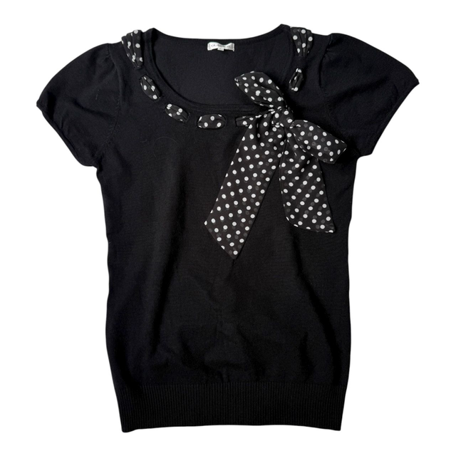 Japanese brand coquette black jumper with polka dot ribbon detailing 