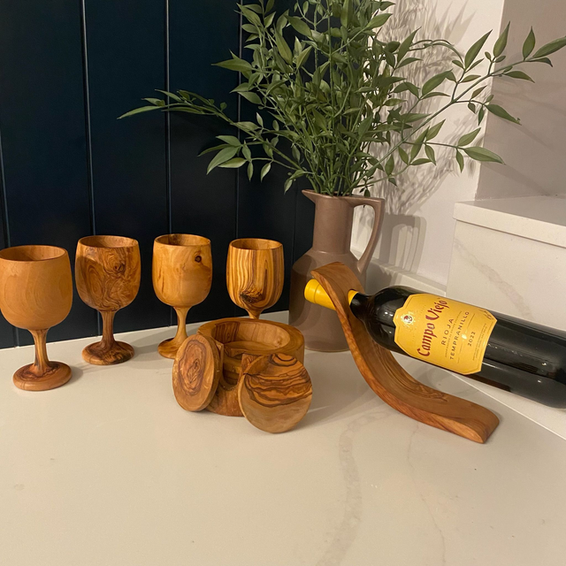 Olive Wood Wine Glass & Bottle Holder + Coaster Set