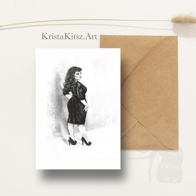 Ansichtkaart Vrouw zwarte jurk, tekenkunst , inclusief envelop, van originele tekening 