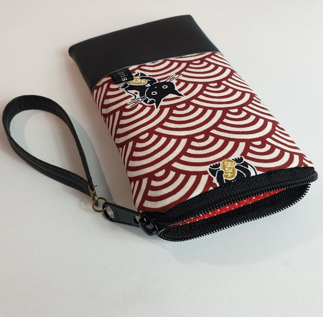 Etui zippé pour smartphone "Maneki" rouge & simili cuir noir