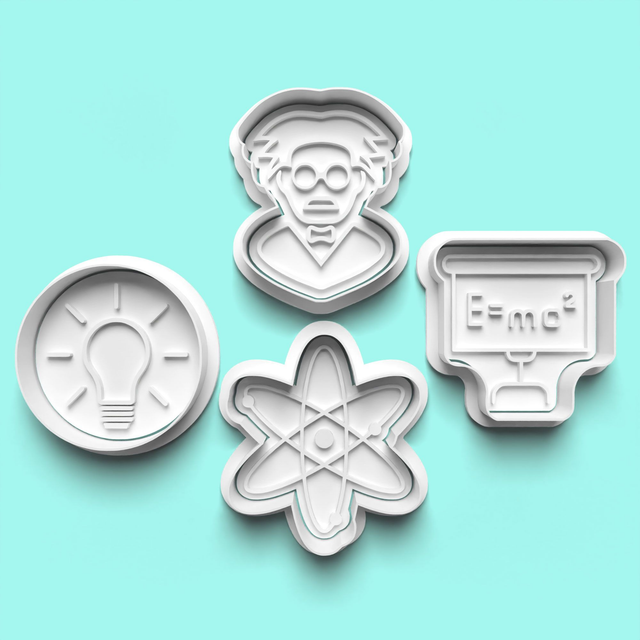 Einstein Science Cookie Cutter Embosser Set of 4 Cutters &amp; Stamps Biscuit Mould Debossed Sugar Biscuits