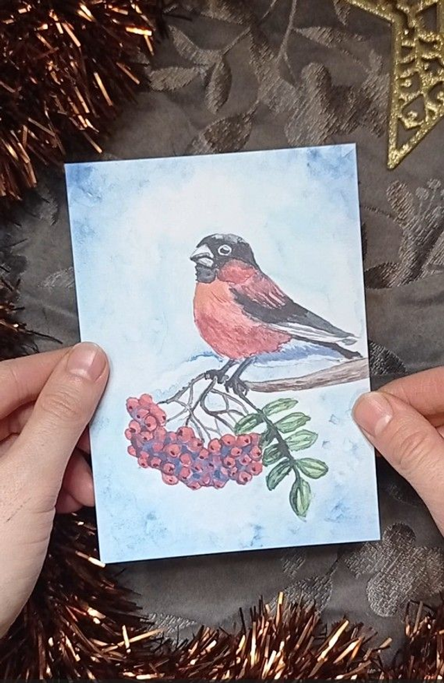 Carte Postale A6 – Bouvreuil Pivoine d’Hiver (Aquarelle)