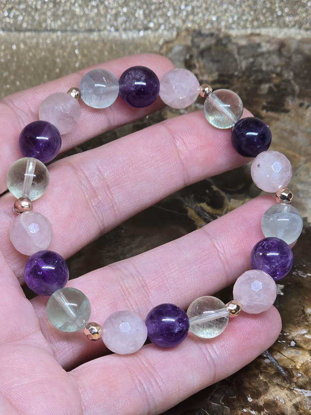 Bracelet Fluorite, Améthyste, Quartz rose 1cm
