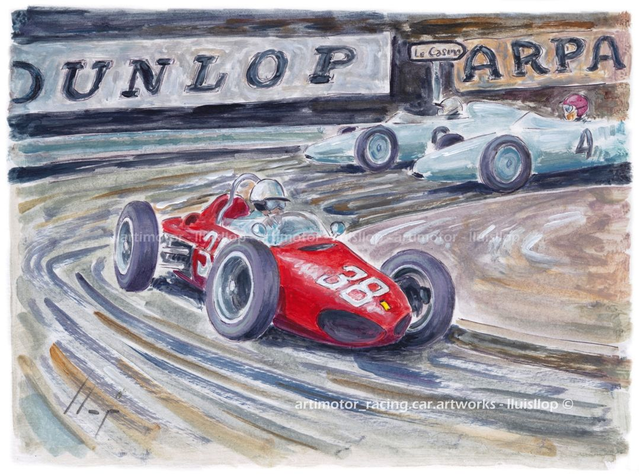 Artimotor onpaper acrílicos 23x31 - 1961 GP Monaco Phil Hill 3r (Ferrari 156) Gurney y Hermann (Porsche 787)