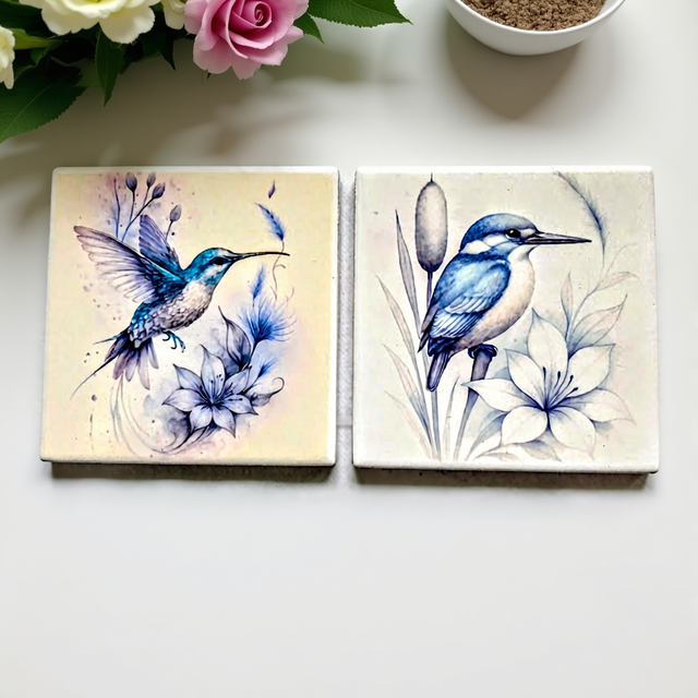 A set of two coasters, one with a hummingbird and one with a kingfisher pastel bule colours  