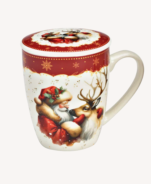 Kerstdecor mok met deksel en metalen zeef, rood