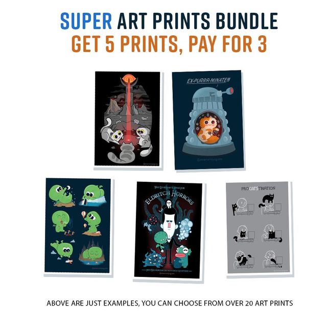 SUPER Artprints Bundel - Get 5 prints, pay for 3 - SIGNED A4 Art Prints  