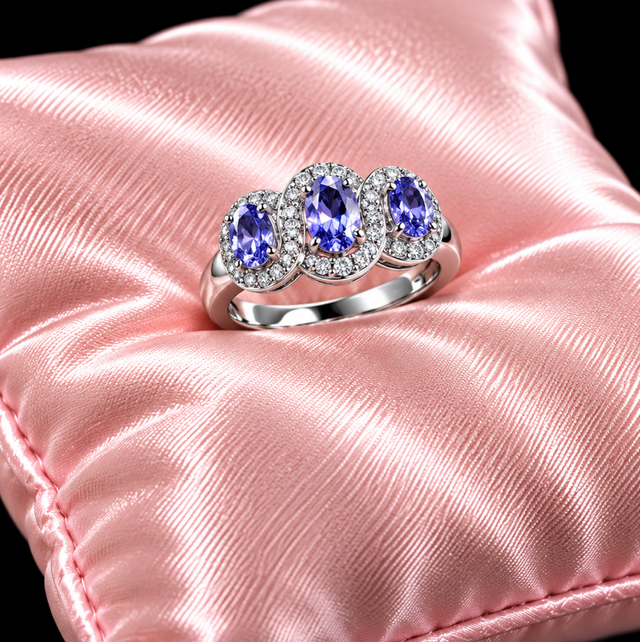 9ct White Gold / Tanzanite & Diamond 3 Stone Cluster Ring