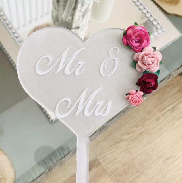 Mr &amp; Mrs Heart Acrylic Cake Topper Pink Pearl Grey