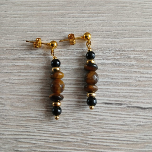 Dames oorbellen Tijgeroog &amp; Onyx – goudkleurige RVS (1.159)