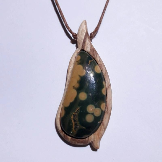 Ocean Jasper Necklace with Hand Carved Palo Santo Wood 