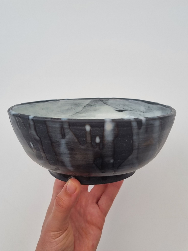 Wide Black & White Dripping Medium Bowl