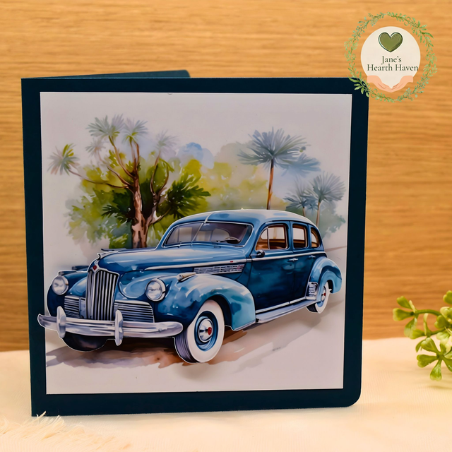 Vintage Blue Car 5 x 5 Card | Palm Trees Scene Blank Greeting Card with White Envelope