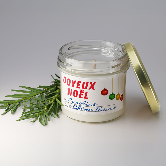 Bougie artisanale parfumée en cire de soja avec étiquette personnalisée - Cadeau pour Noël, Nouvel An, Fêtes de fin d'année, 100g (CJN12)