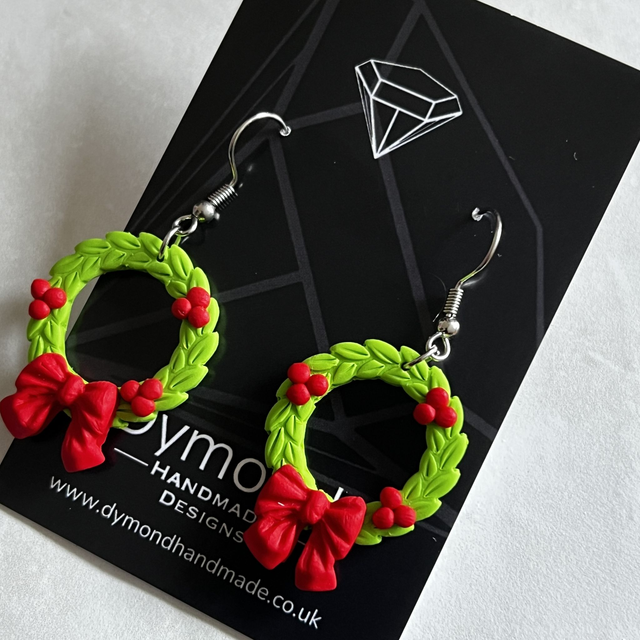 Christmas Wreath with Bow Drop Earrings